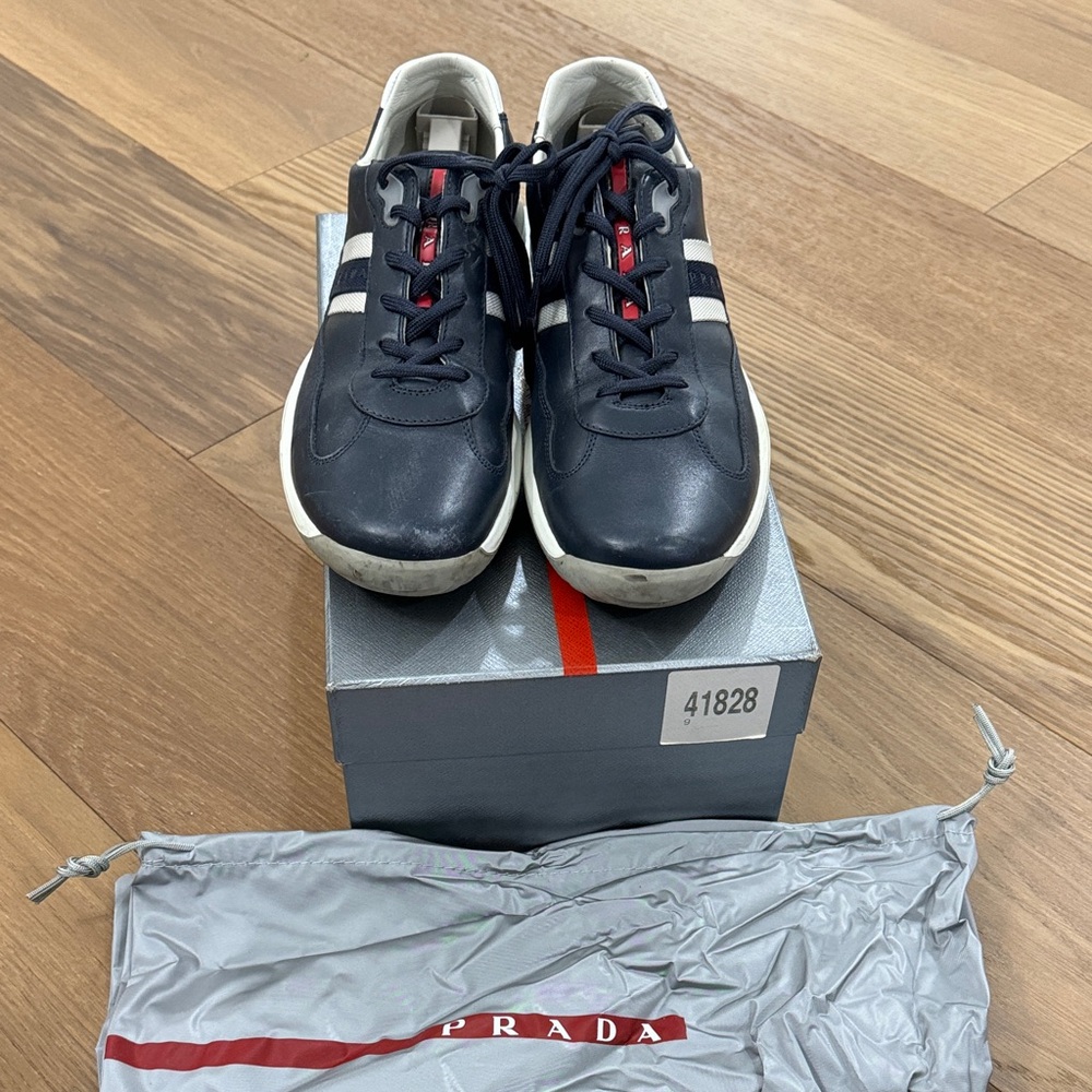 Prada Men's Dark Blue and White Sneakers